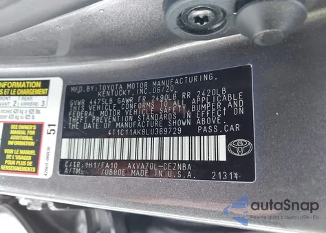 2020 Toyota Camry Le z USA, uszkodzony, nr VIN 4T1C11AK8LU369729
